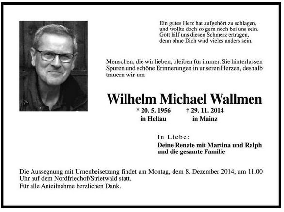 Wallmen Wilhelm 1956-2014 Todesanzeige